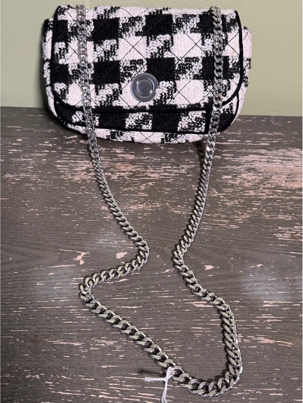 ZARA Black & White Houndstooth Tweed Crossbody Bag Silver Chain Flap Purse